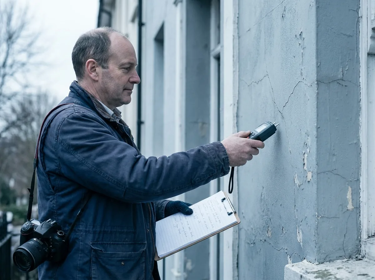 Expert documenting a facade crack with a moisture meter