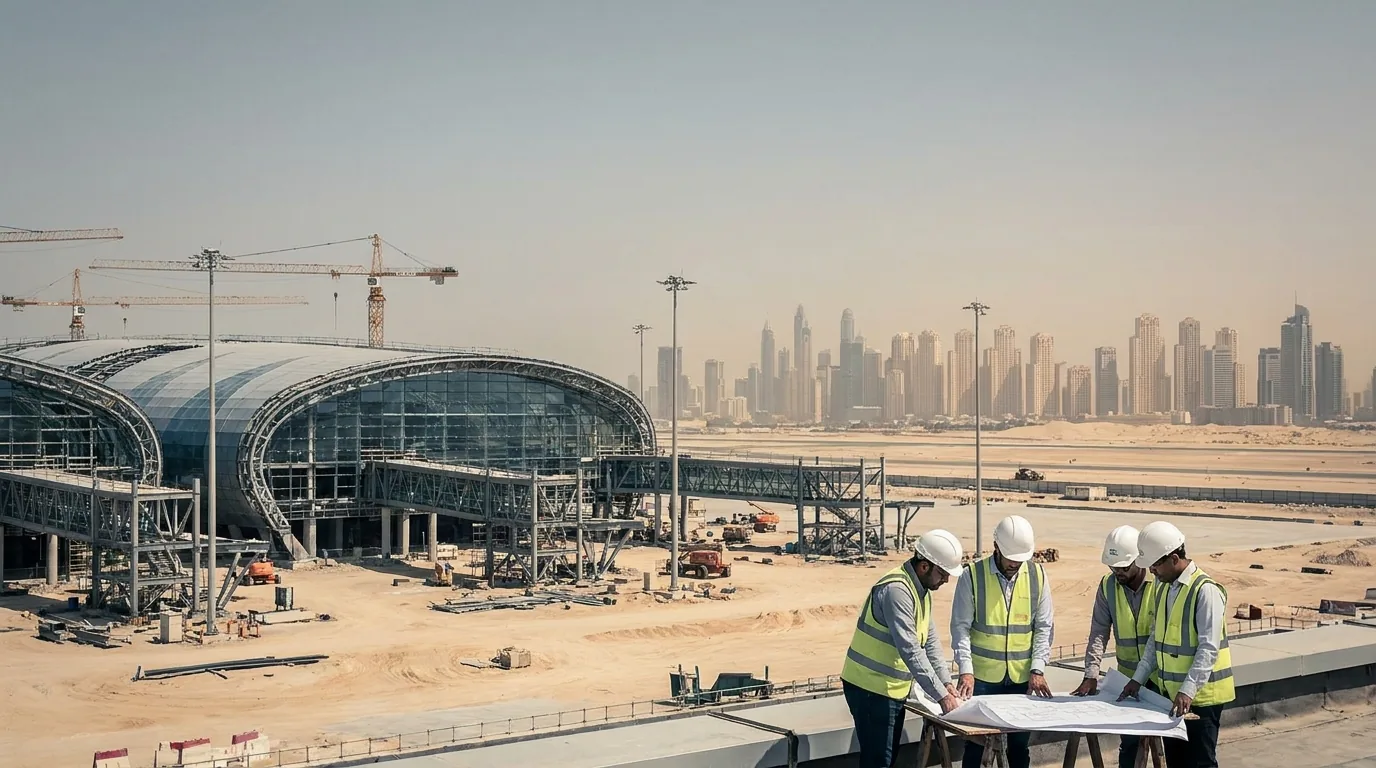 Terminal construction site with a high-rise skyline