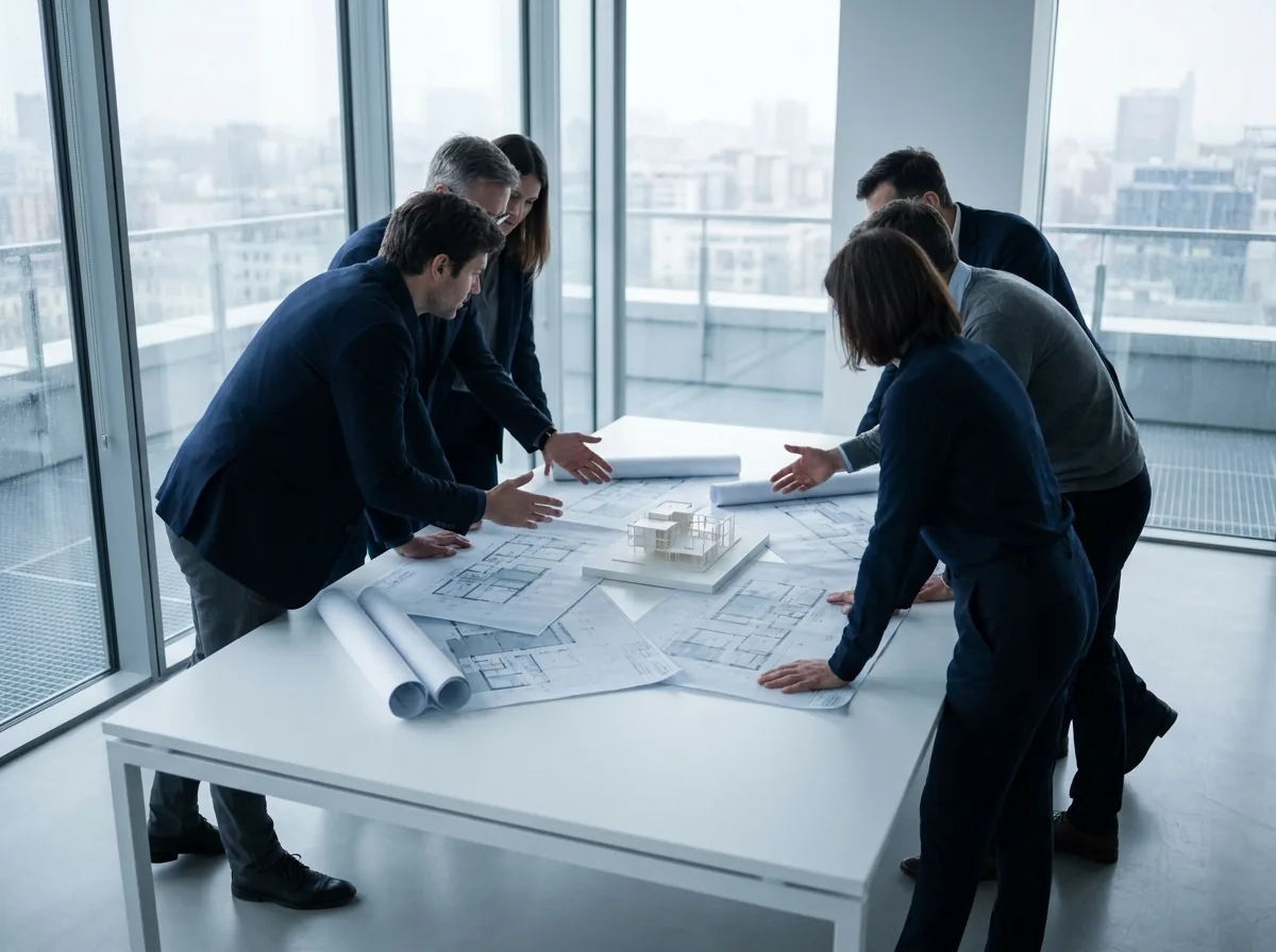 Coordination meeting over drawings and a building model
