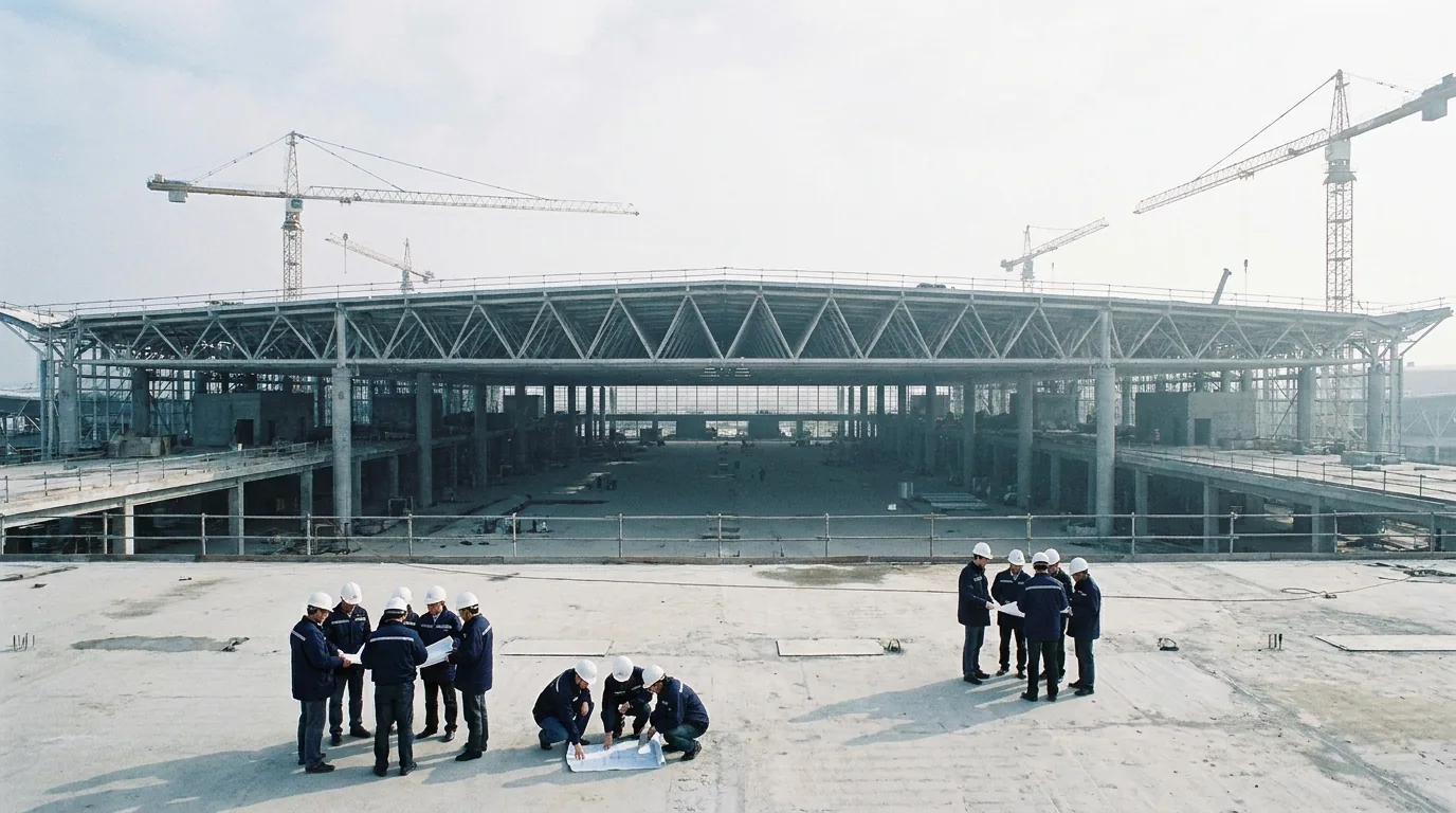Großbaustelle eines Terminals mit Stahldachtragwerk und Kränen