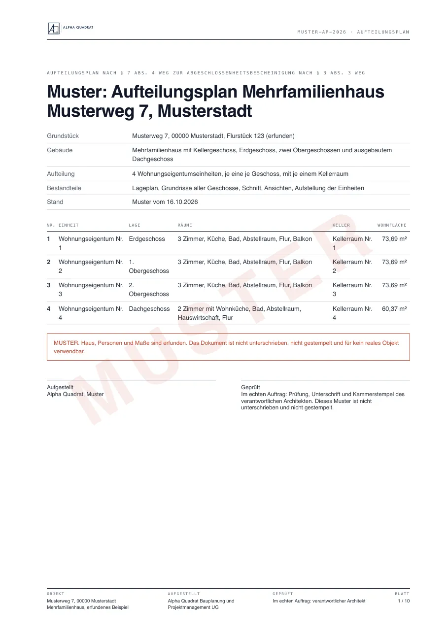 Muster eines Aufteilungsplans, Blatt 1: Deckblatt mit Aufstellung der Einheiten