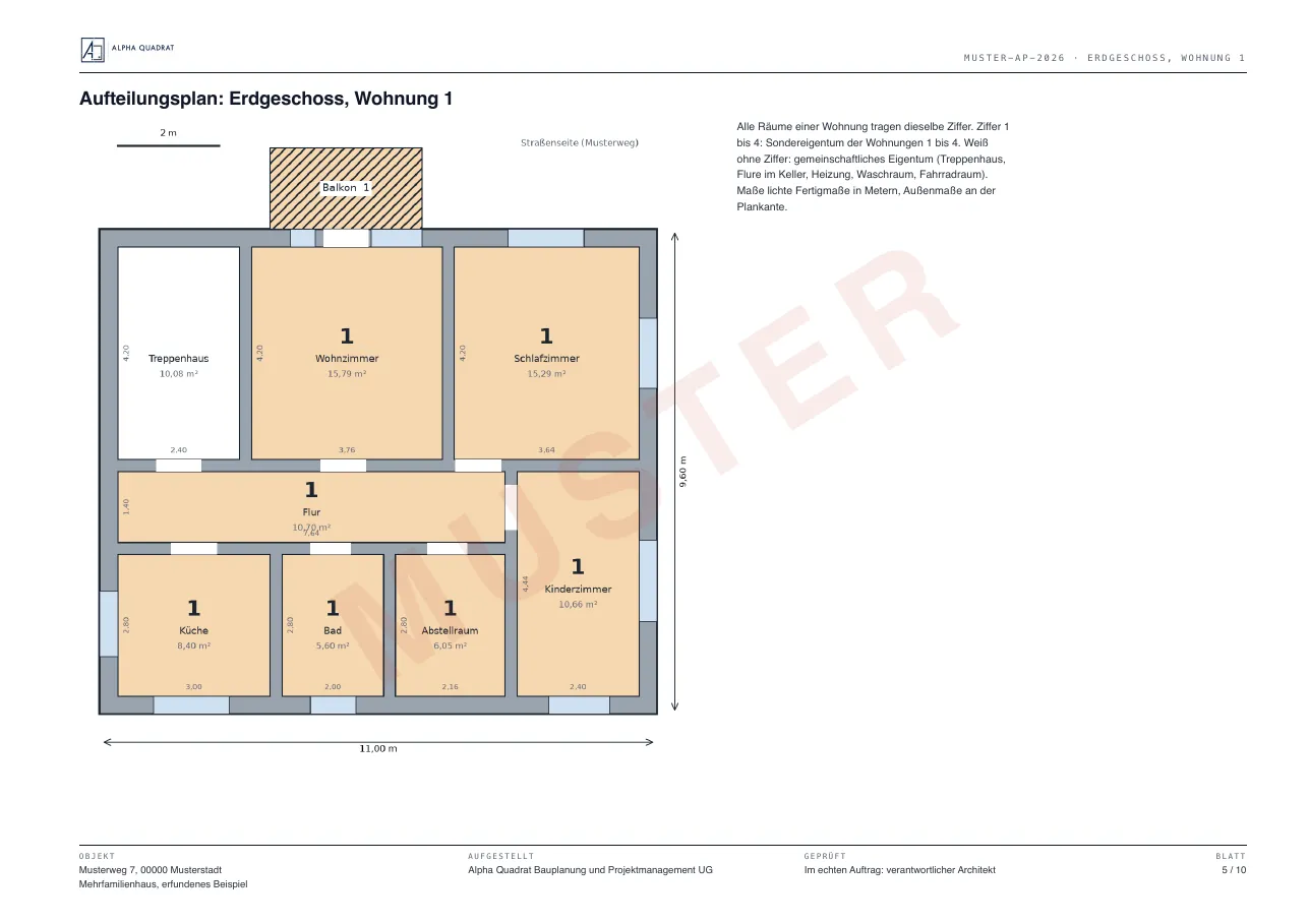 Muster eines Aufteilungsplans, Blatt 5: Grundriss Erdgeschoss, Wohnung 1