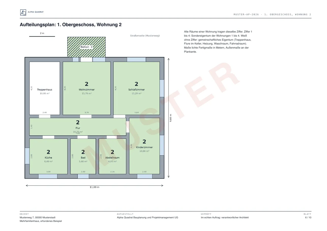 Muster eines Aufteilungsplans, Blatt 6: Grundriss 1. Obergeschoss, Wohnung 2
