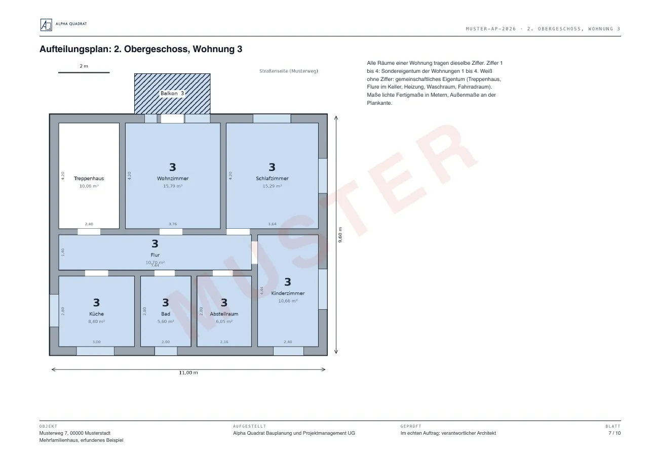 Muster eines Aufteilungsplans, Blatt 7: Grundriss 2. Obergeschoss, Wohnung 3