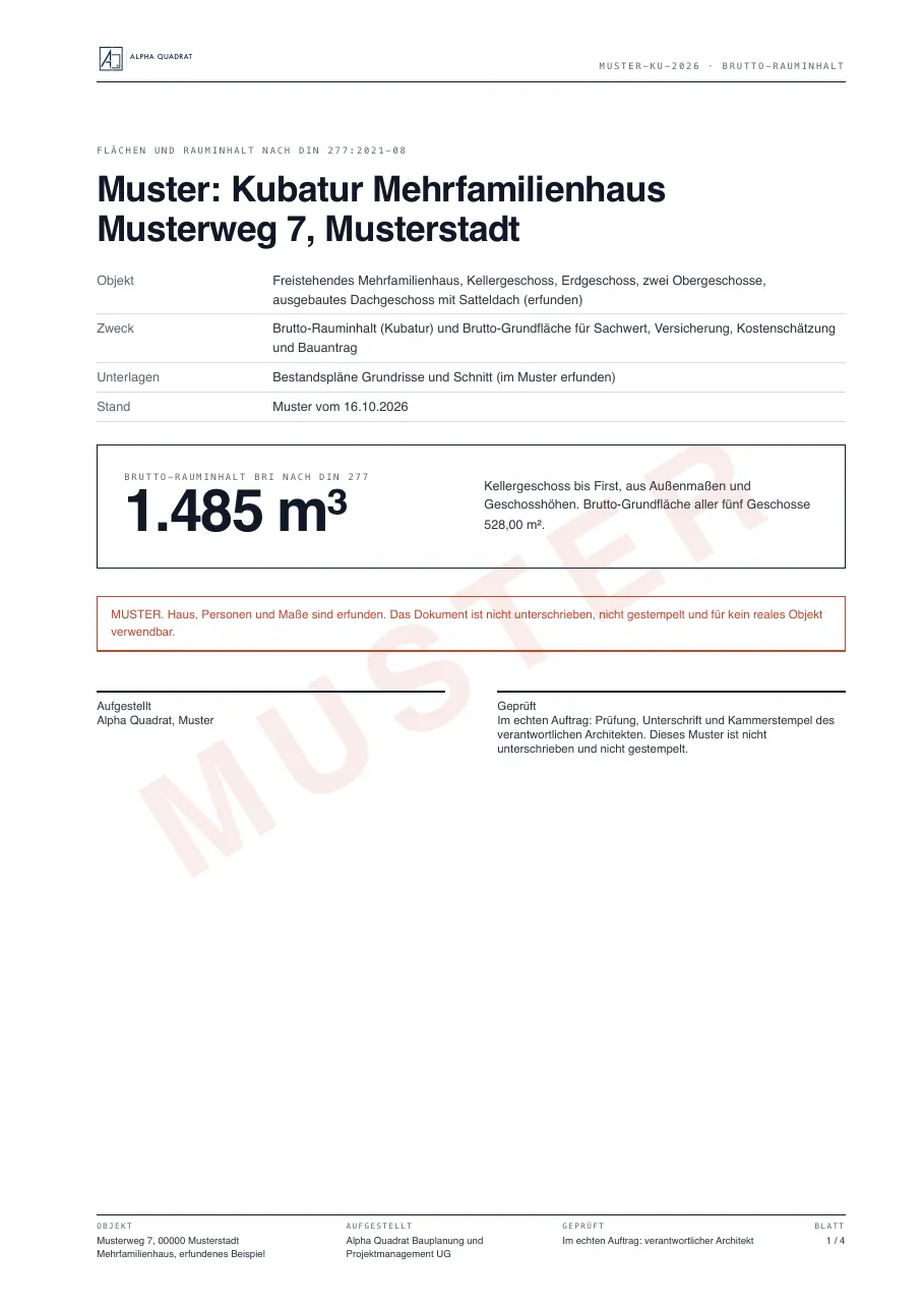 Muster einer Kubatur nach DIN 277, Blatt 1: Deckblatt mit Ergebnis