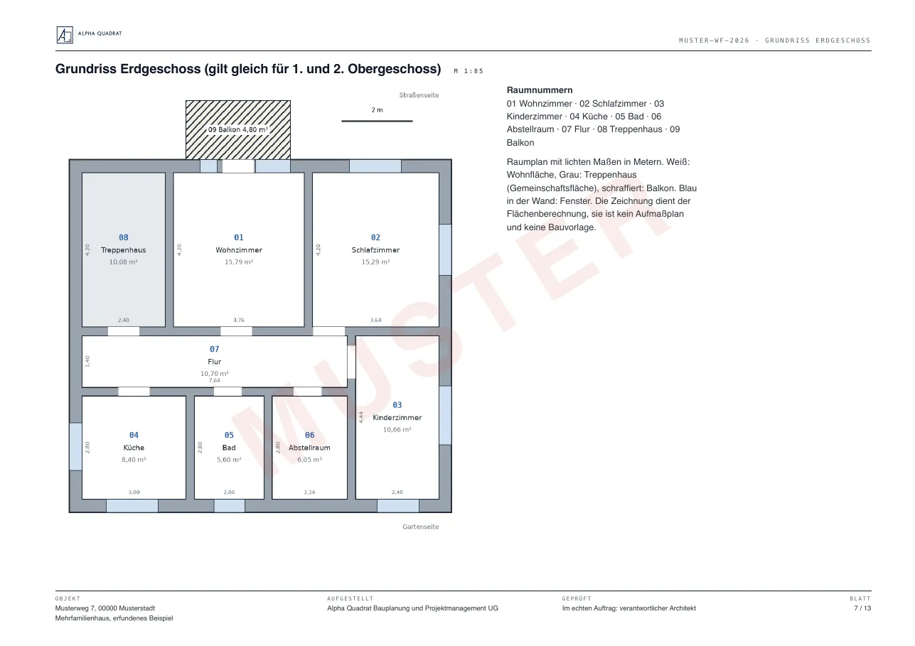 Muster einer Wohnflächenberechnung, Blatt 7: Grundriss Regelgeschoss