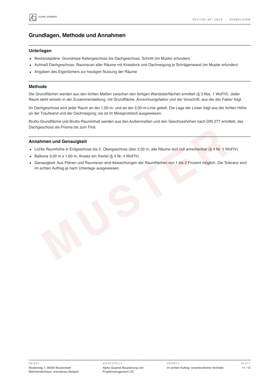 Muster einer Wohnflächenberechnung, Blatt 11: Grundlagen, Methode und Annahmen