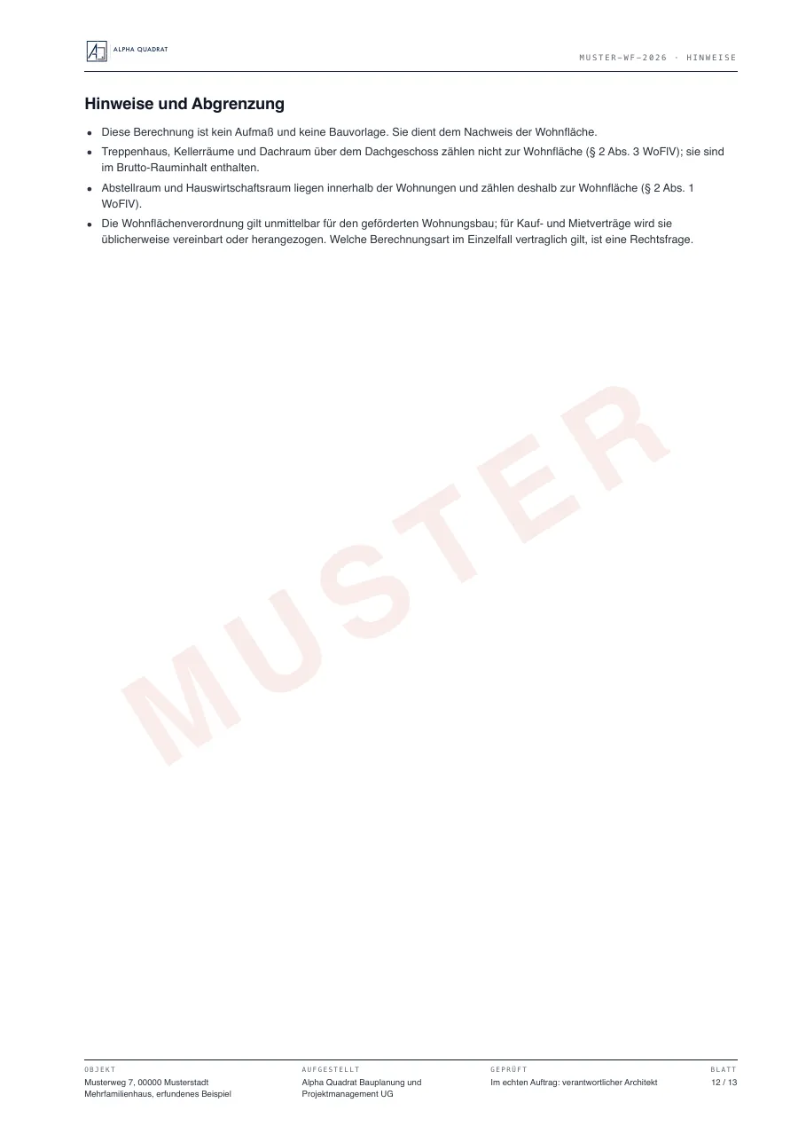 Muster einer Wohnflächenberechnung, Blatt 12: Hinweise und Abgrenzung